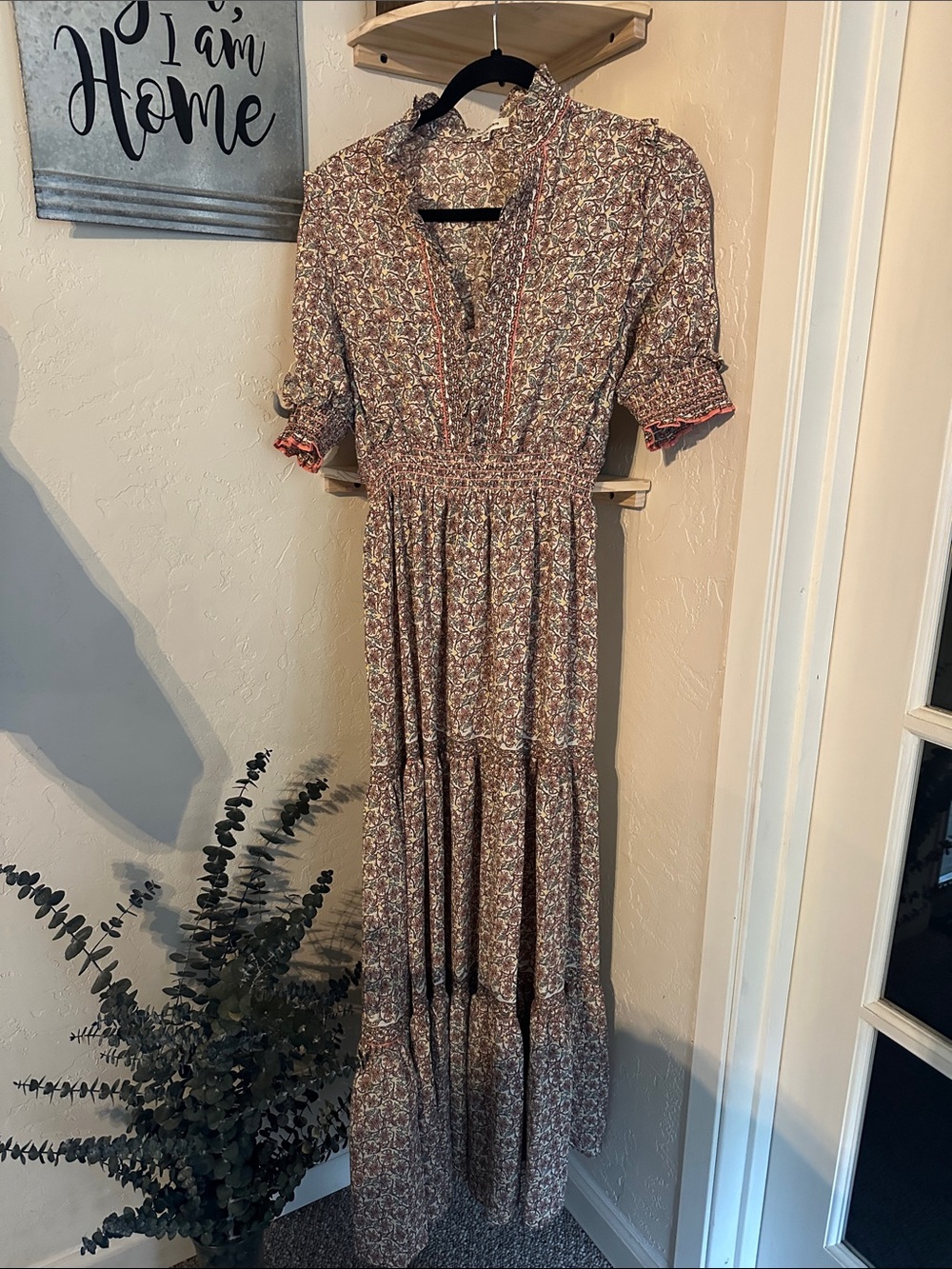 Max Studio Rust Floral Smocked-Tier Maxi Dress